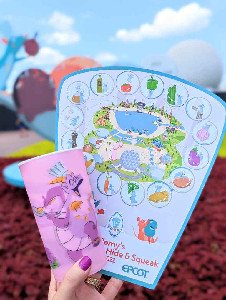 Completed Remy's Ratatouille Hide and Squeak scavenger hunt map plus Figment prize cup