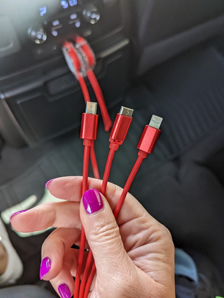 Find chargers for USB-C, micro USB, and Apple Lightning adapters in a Minnie Van