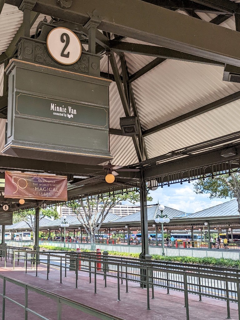 Minnie Van pick up and drop off sign at Magic Kingdom bus stop