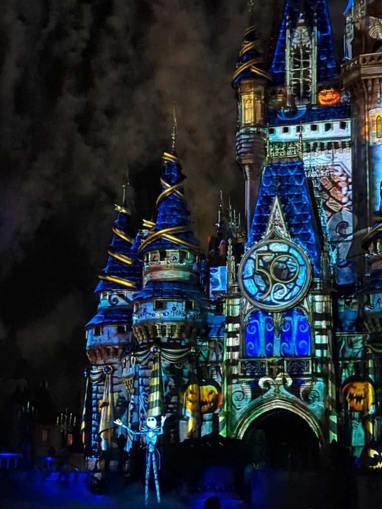 Jack Skellington introduces Disney's Not So Spooky Spectacular fireworks on the castle stage