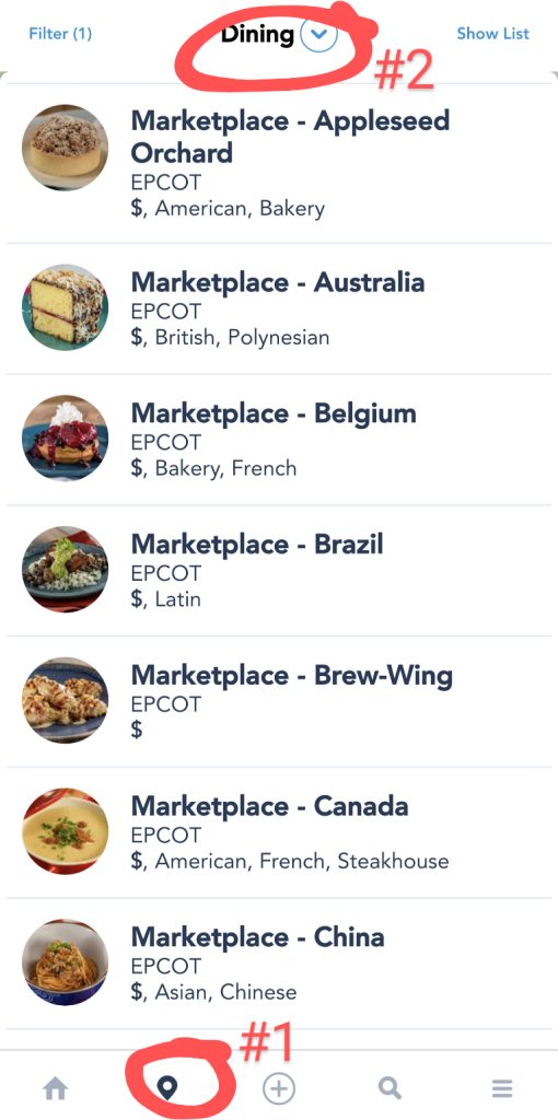 Disney World app screenshot showing a list of Marketplace Food Booths for Remy's Ratatouille Hide and Squeak Scavenger Hunt