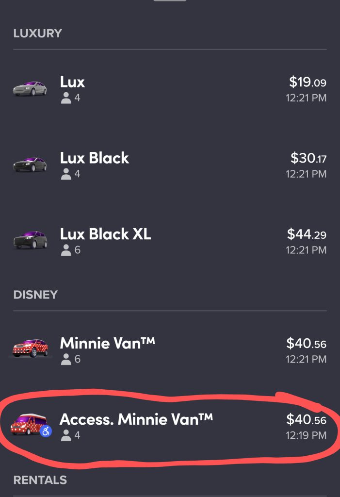 Lyft screenshot showing how to select an accessible Minnie Van