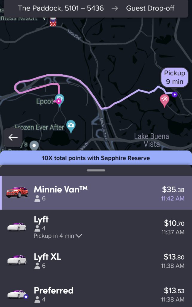 Lyft app screenshot shows pricing difference between Minnie Van and other Lyft options