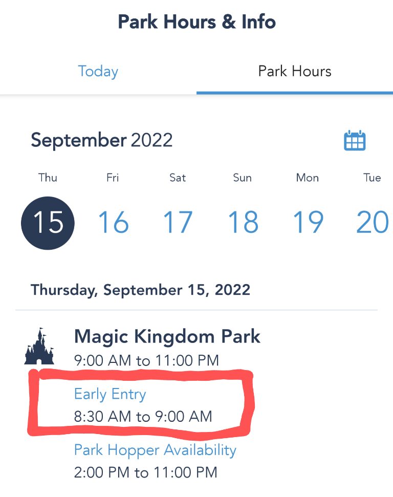 Disney World app screenshot highlighting where to find early entry hours