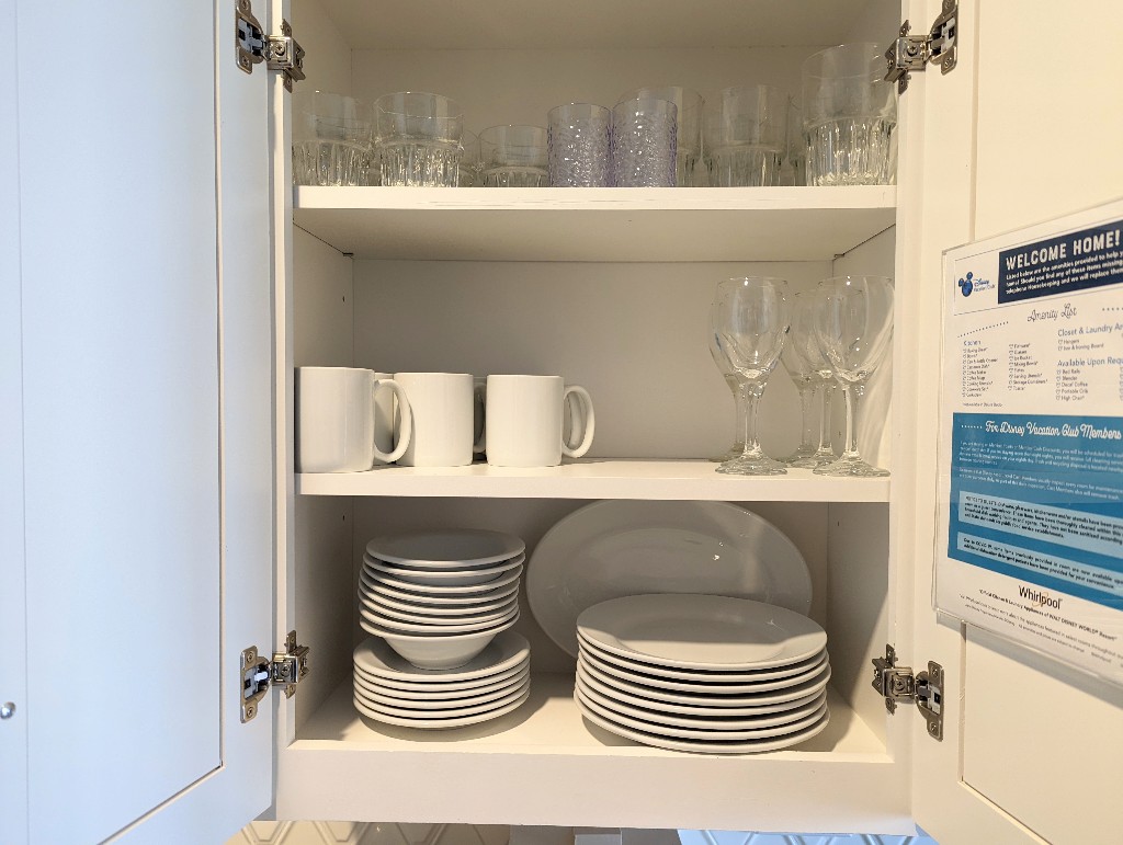 The Saratoga Springs 1 bedroom villa kitchen comes stocked with plates, bowls, glasses and more