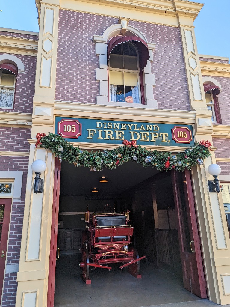 A Christmas tree in Walt's private apartment above Disneyland Fire Department stays lit all day and night for the season