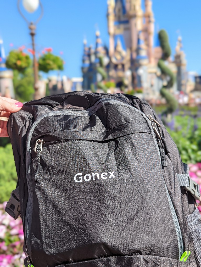 A black backpack in the foreground with Cinderella Castle and flowers in the background