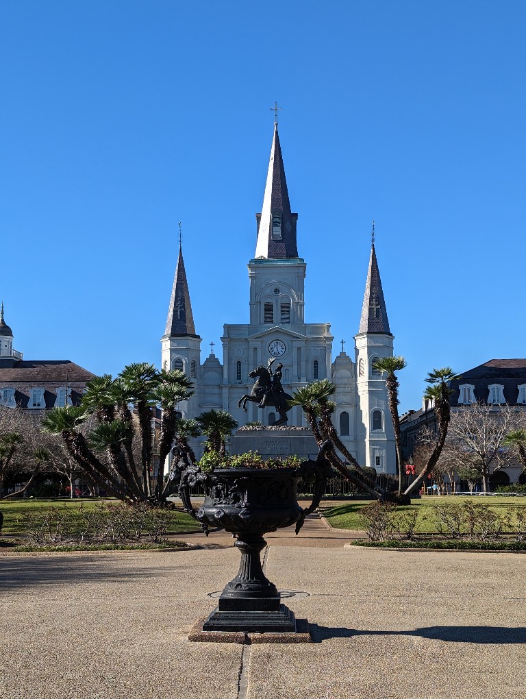 St Louis Cathedral looms over a statue of Andrew Jackson in the French Quarter of New Orleans