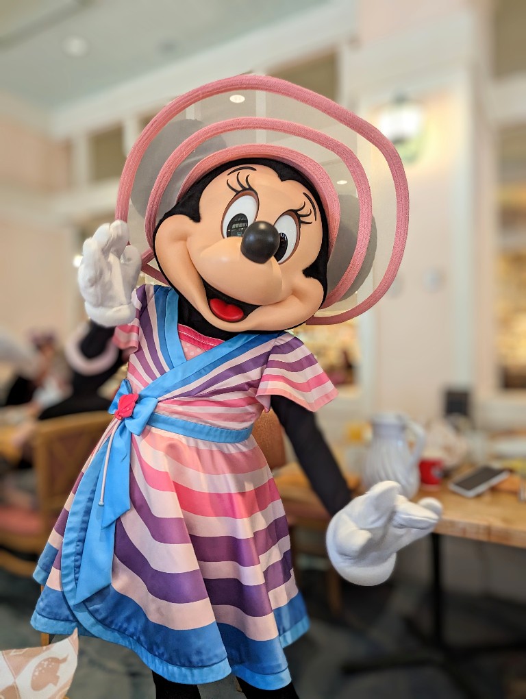 Minnie dons a mesh and pink sun hat with her gorgeous pink, blue, and purple striped wrap dress at Cape May Cafe breakfast with Minnie
