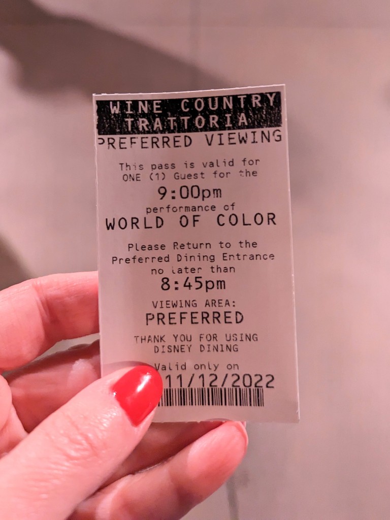 Wine Country Trattoria preferred viewing voucher from a World of Color dining package