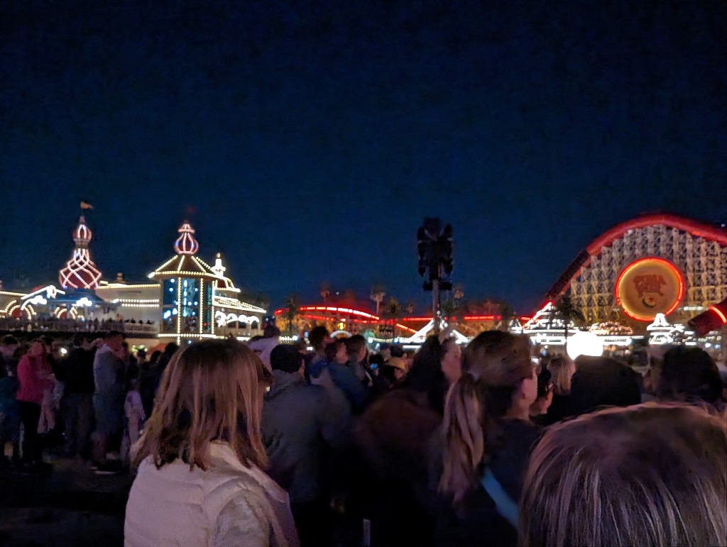 A large group crowds the World of Color dining package viewing area minutes before the show begins