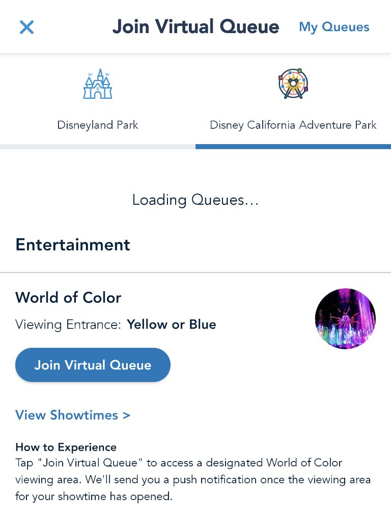 Disneyland app screenshot highlighting how to join World of Color virtual queue