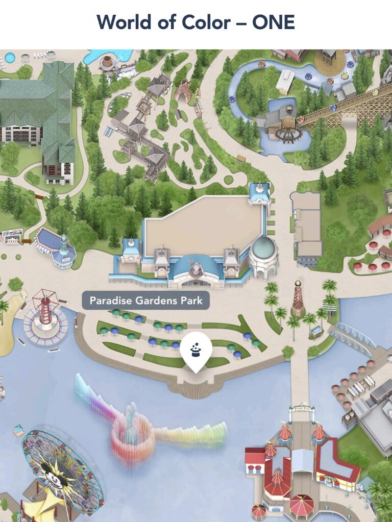 Disneyland app screen shot highlighting Paradise Gardens Park where the World of Color virtual queue, dining package, and dessert party viewing areas are located.