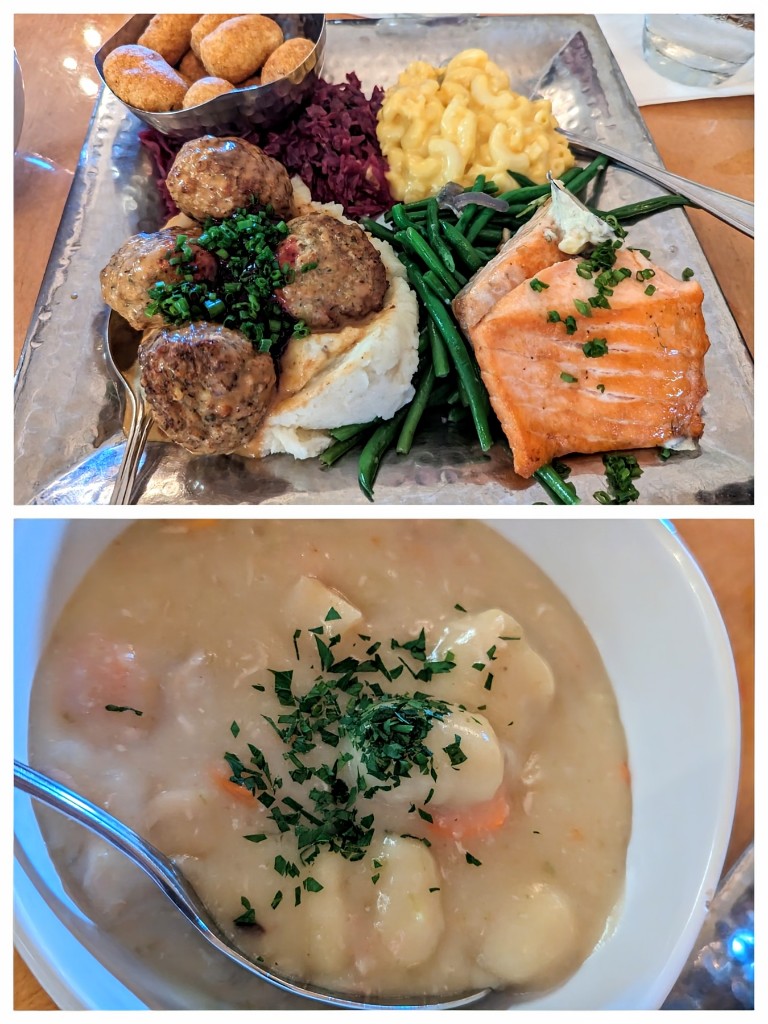 Family style feast of Norwegian meatballs, mashed potatoes, green beans, chicken and dumplings, and more at Akershus