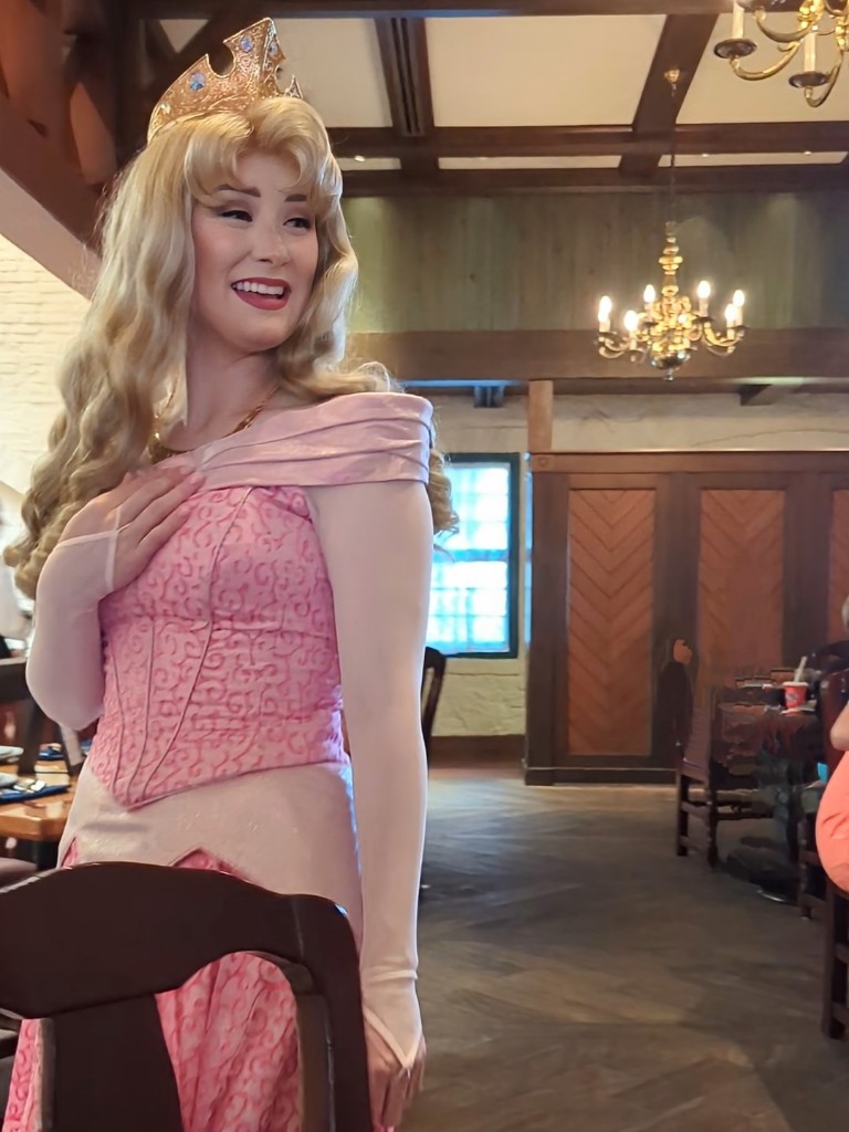 Princess Aurora smiles at a young girl at Akershus in Epcot