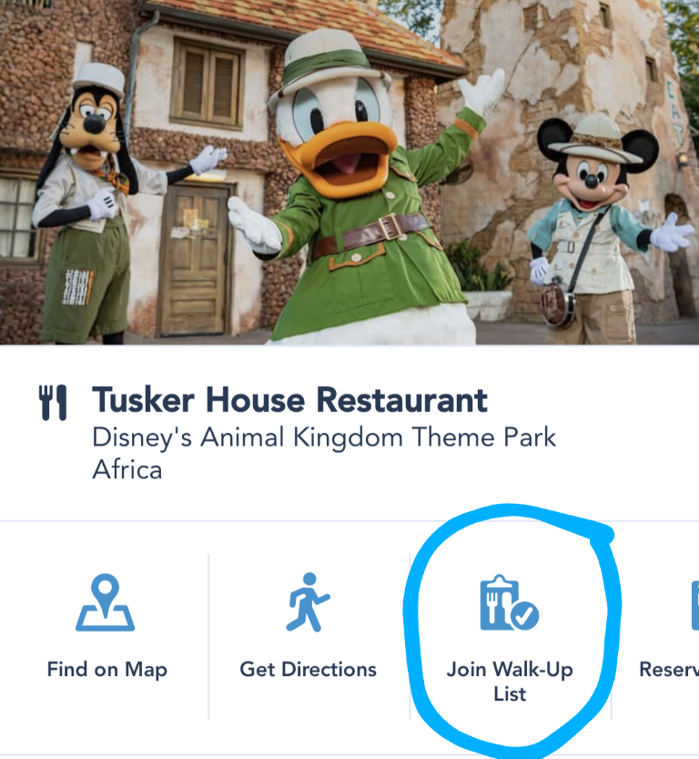 A screenshot of the Disney World app showing where to join the Tusker House walk up list