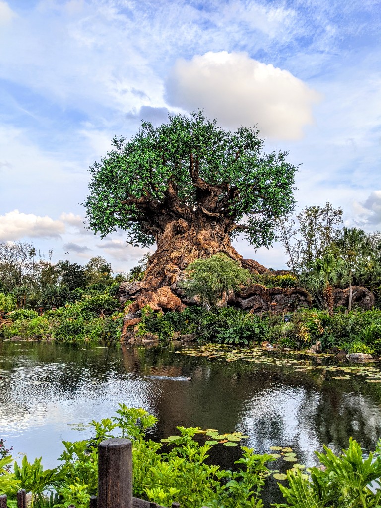 Blue skies and puffy clouds frame the iconic Animal Kingdom Tree of Life