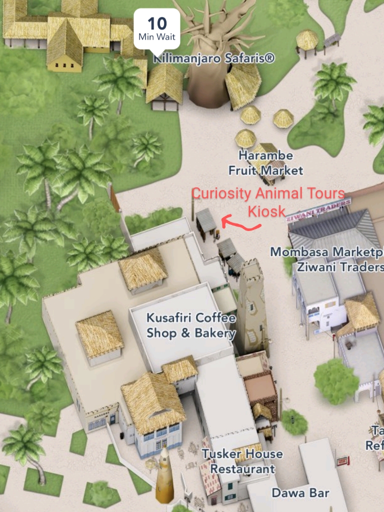 Screenshot of Animal Kingdom map with hand marked location of Curiosity Animal Tours kiosk near Kilimanjaro Safari entrance