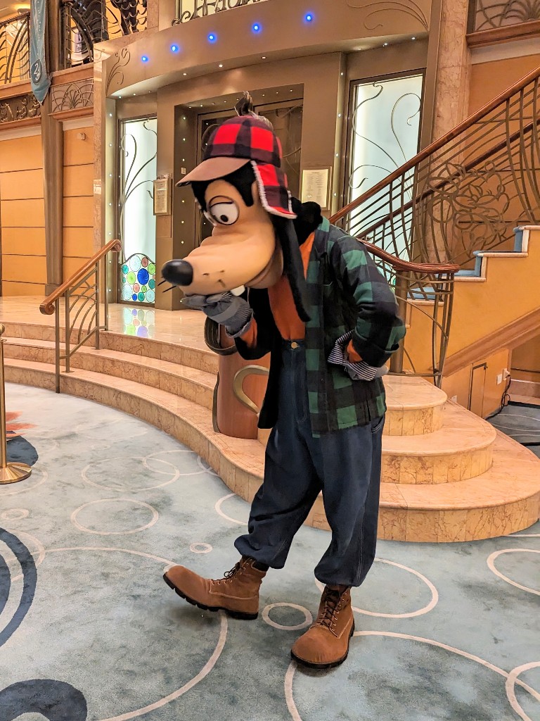 Goofy expertly mixes a red and black buffalo plaid hat with a blue and green checked flannel on the Disney Wonder