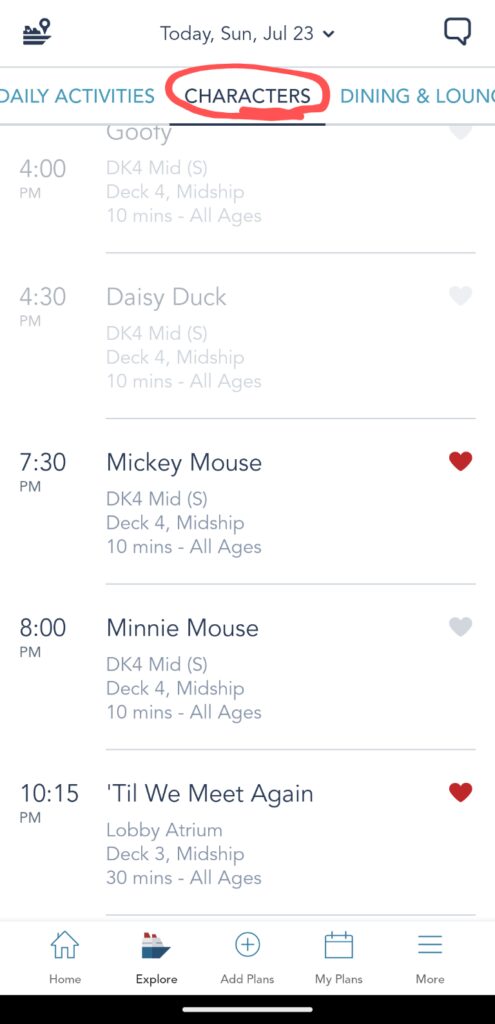 Screen shot of the Disney Cruise Line app highlighting character meet and greet times and locations.