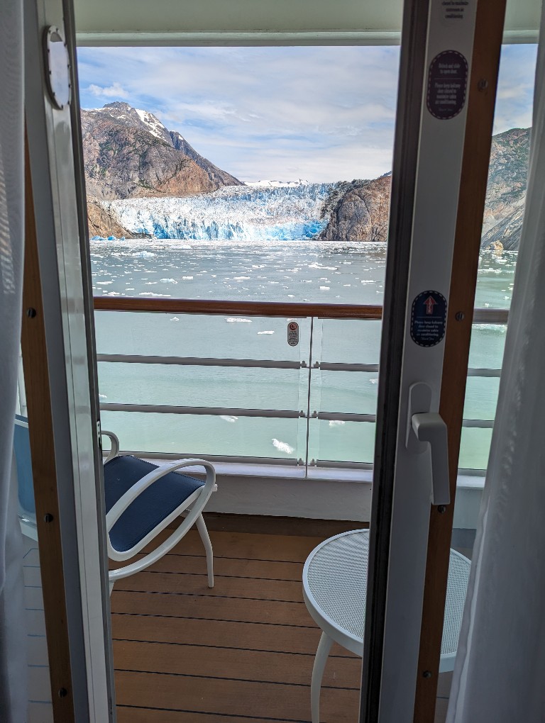A surprisingly clear glacier view from our Disney Wonder stateroom