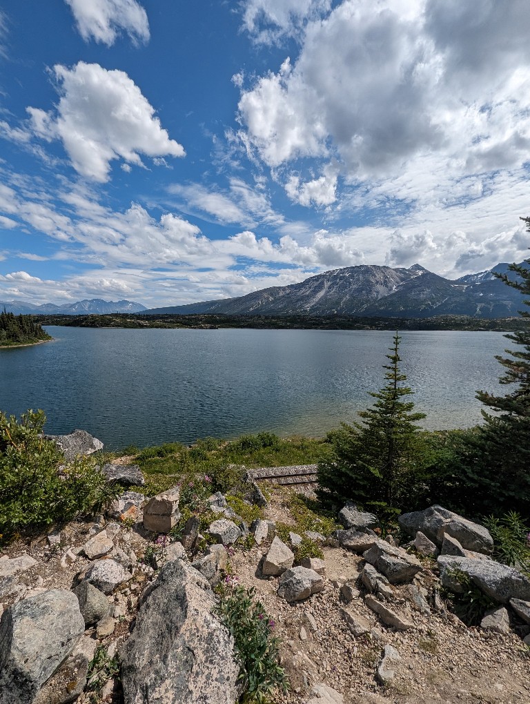 A placid lake with mountains, pine trees, and fluffy white clouds in a gorgeous blue sky during a Disney Alaska Cruise excursion