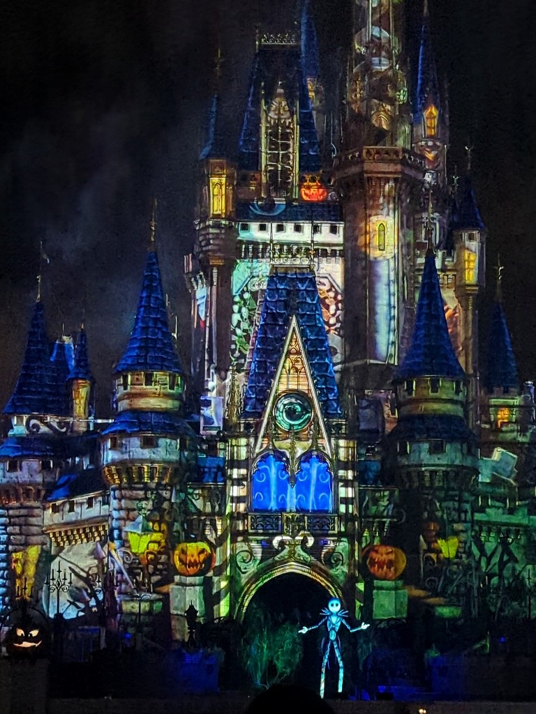 Jack Skellington stands in front of Cinderella Castle during part of the Mickey's Not Scary Halloween Party fireworks