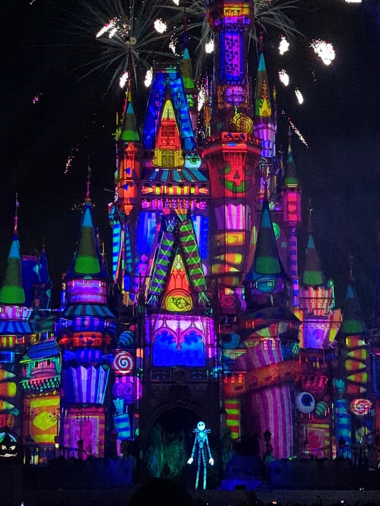 Jack Skellington is easily seen in front of Cinderella Castle using our Mickey's Not So Scary Halloween Party itinerary