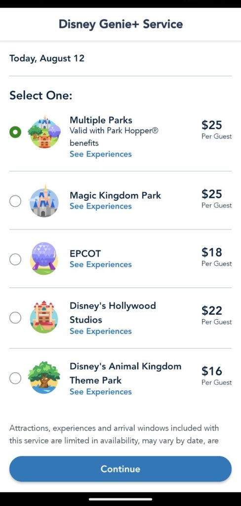 Disney World genie plus pricing for a day showing different pricing for each park and for park hopping