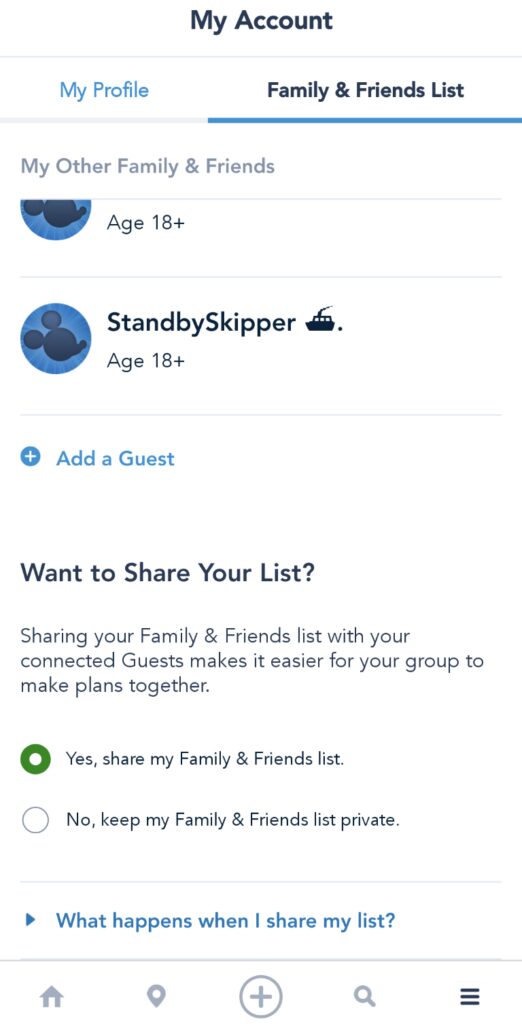 Disney World app showing how to share your Friends & Family list