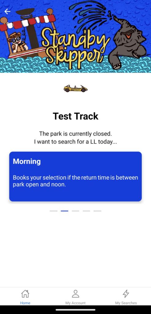 Standby Skipper screen showing attraction and preferred return time option