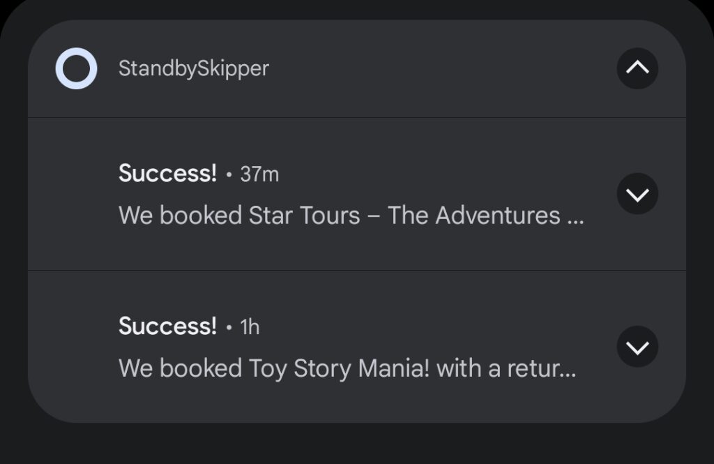 Standby Skipper push notifications showing which Lightning Lane attractions have been booked