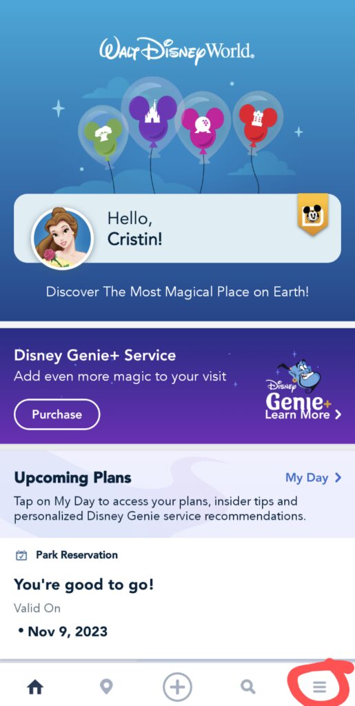 Screenshot of Disney World app welcome screen