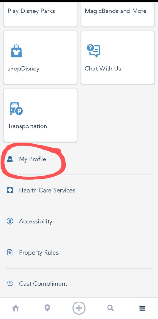 screenshot of Disney World app menu with "My Profile" circled in red