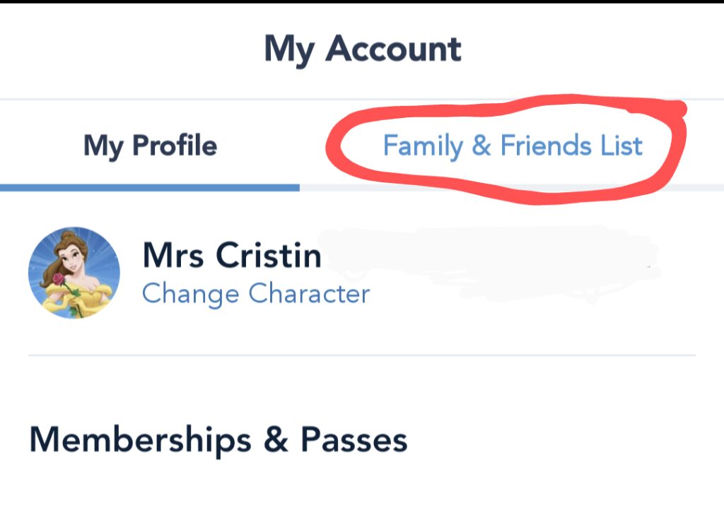 Disney World app account information screen with Family & Friends List circled in red