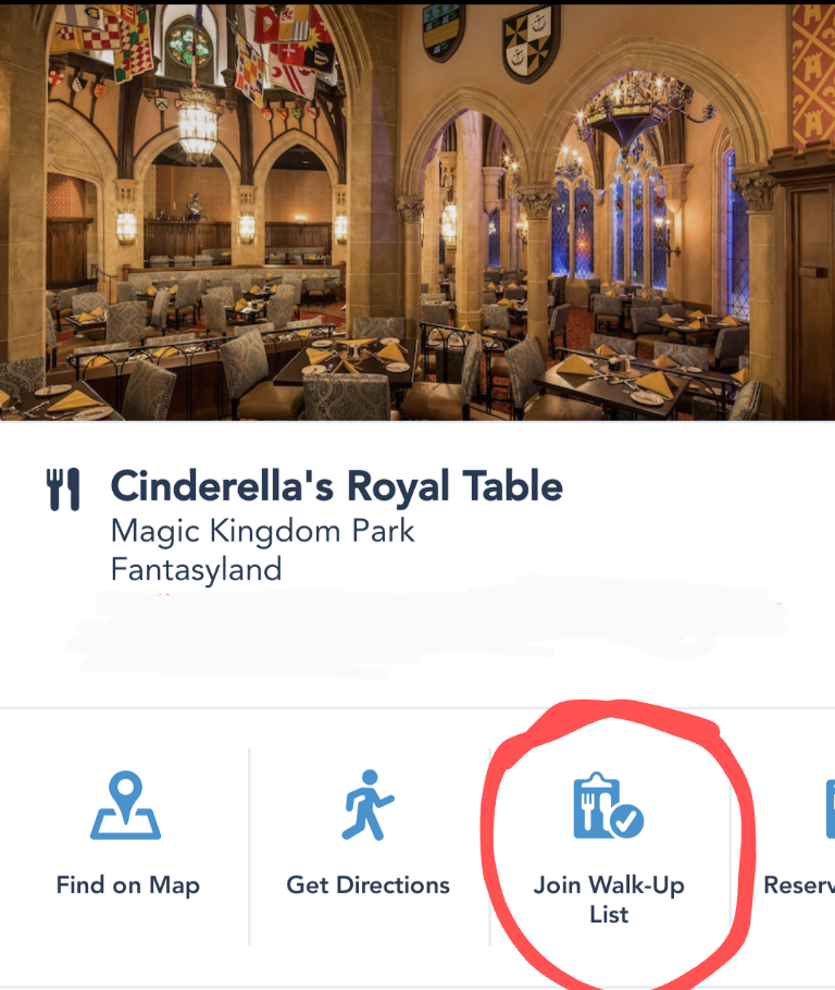 Screenshot of Cinderella's Royal Table on Disney World app with a red circle highlighting where to find same day walk-up reservations