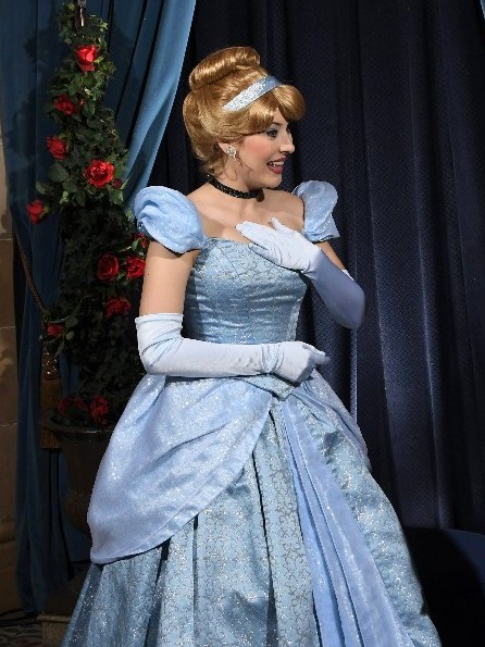 Cinderella greets guests at a beautiful background at Cinderella's Royal Table