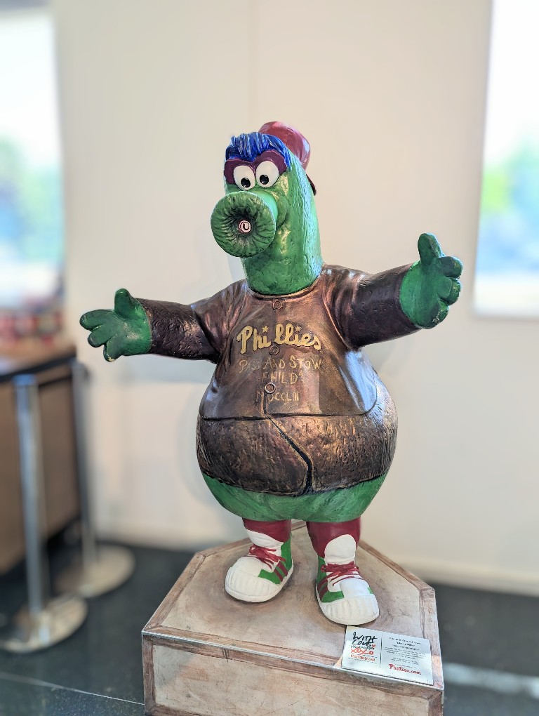 Phillie Phanatic statue made to look like the Liberty Bell at Independence National Historical Park Visitor Center