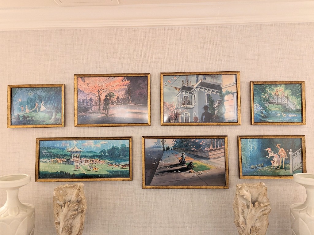 Artwork in the Grand Floridian Resort outer building lobbies portray scenes from Mary Poppins