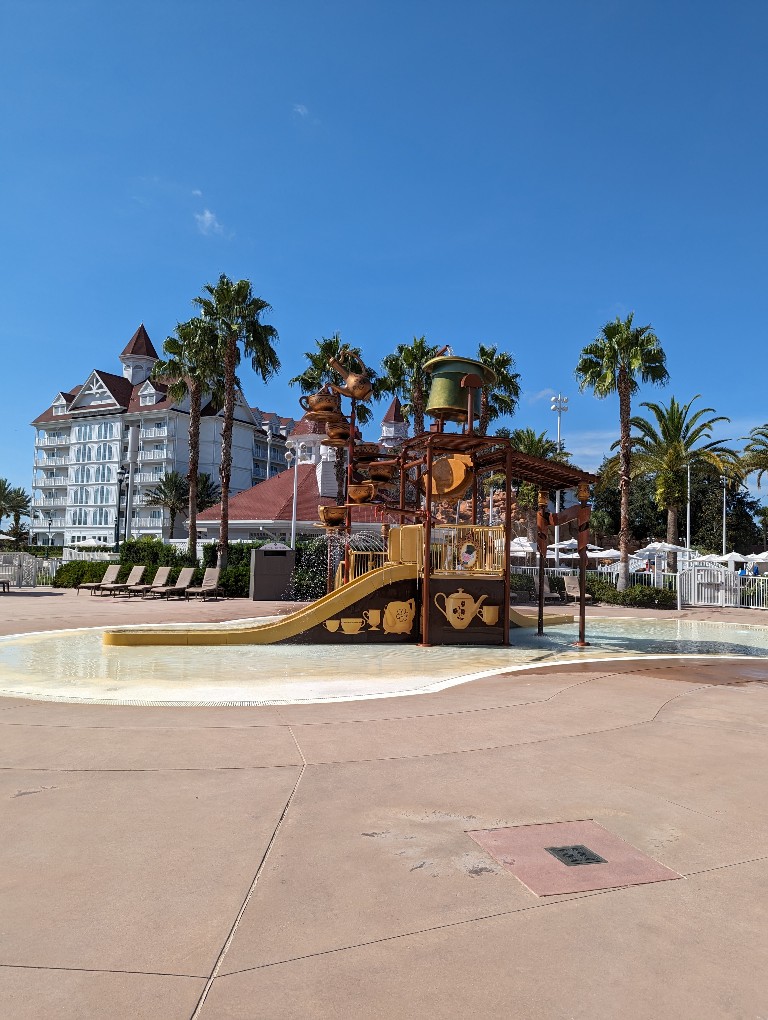 An Alice in Wonderland themed splash play area at Grand Floridian Resort