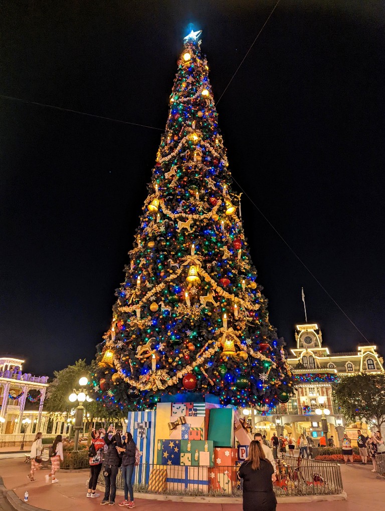 A 60 foot Christmas tree covered in colorful lights and giant ornaments is a gorgeous focal point on Main Street during the holiday season