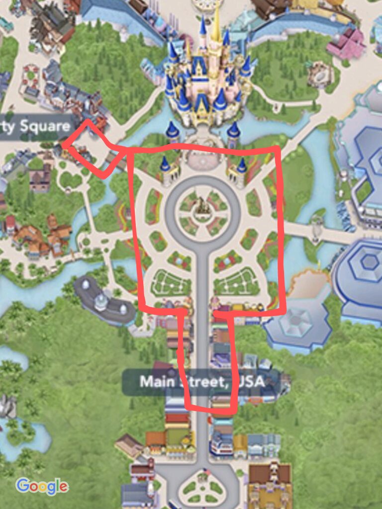 Red outlines show the best places to watch Minnie's Wonderful Christmastime Fireworks during MVMCP