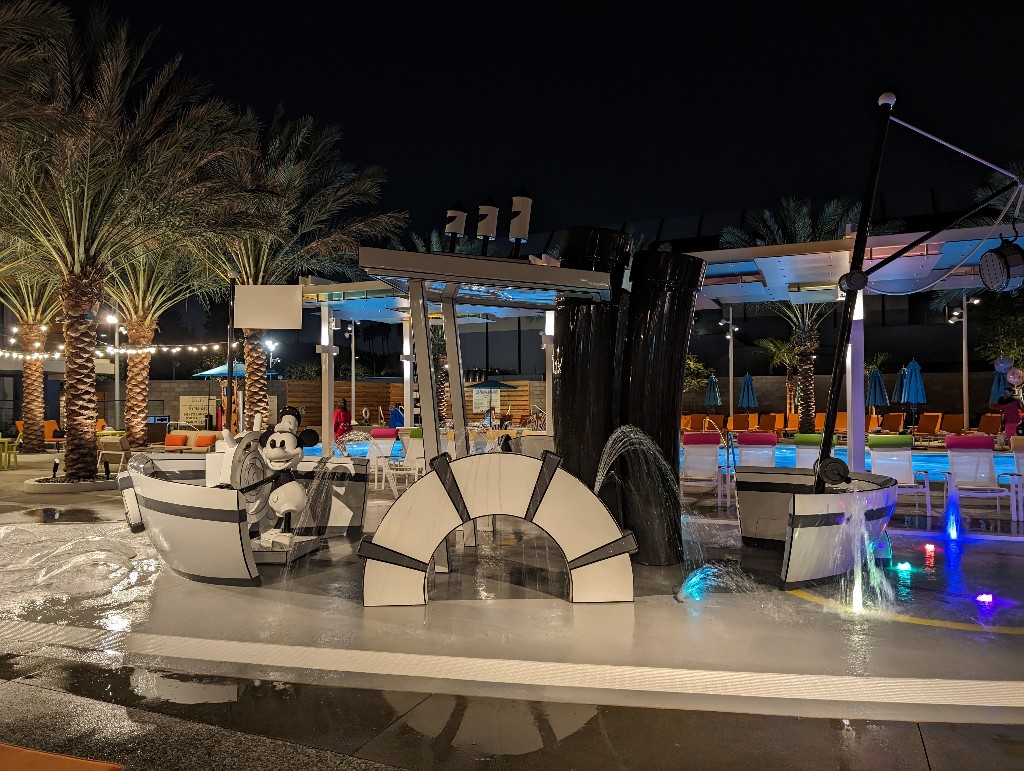 Steamboat Willie inspired splash play area at Disneyland Hotel adjacent to the Villas at Disneyland Hotel tower