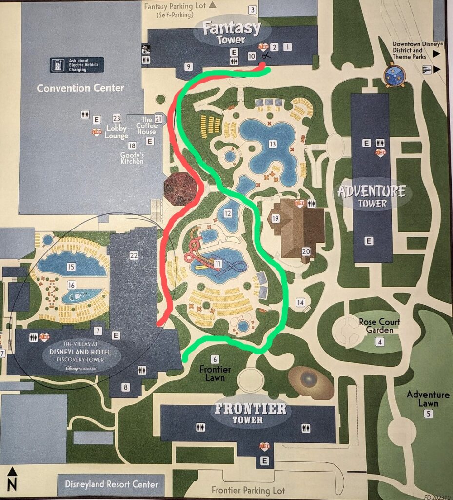 Map of Villa at Disneyland Hotel with routes to Discovery Tower from Fantasy Tower outlined in green and red