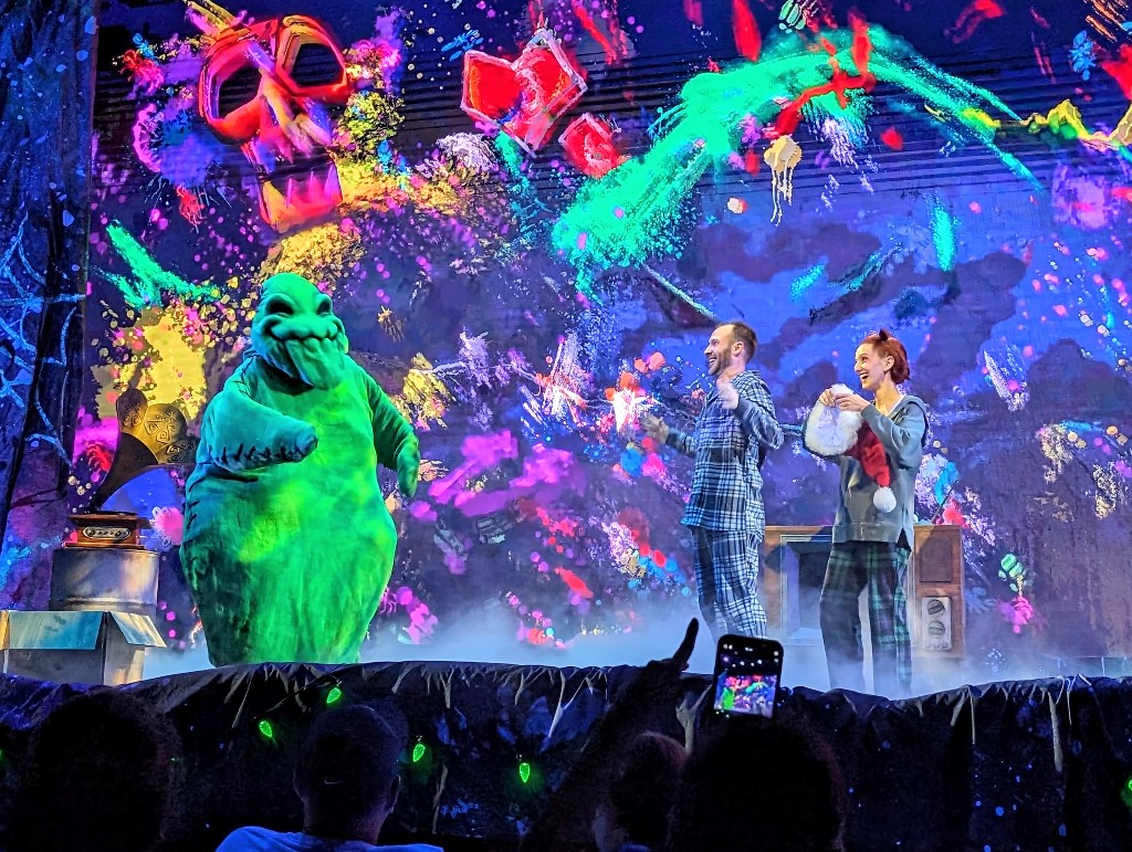 Oogie Boogie menaces the crowd during a musical performance during What's This? sing-a-long