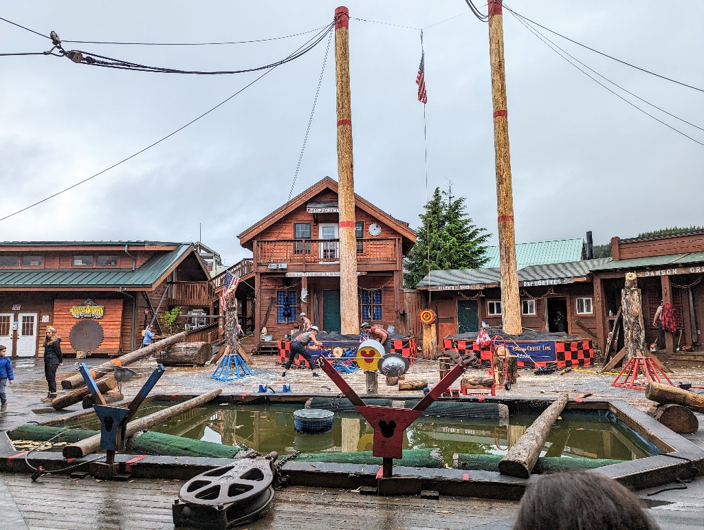 Mickey decor and welcome Disney Cruise Line banners add extra flair during the Exclusive Great Alaskan Lumberjack Show excursion