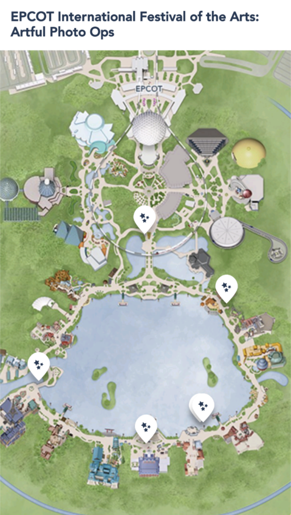 My Disney Experience app screenshot highlighting Artful Photo Op Festival of the Arts locations around World Showcase