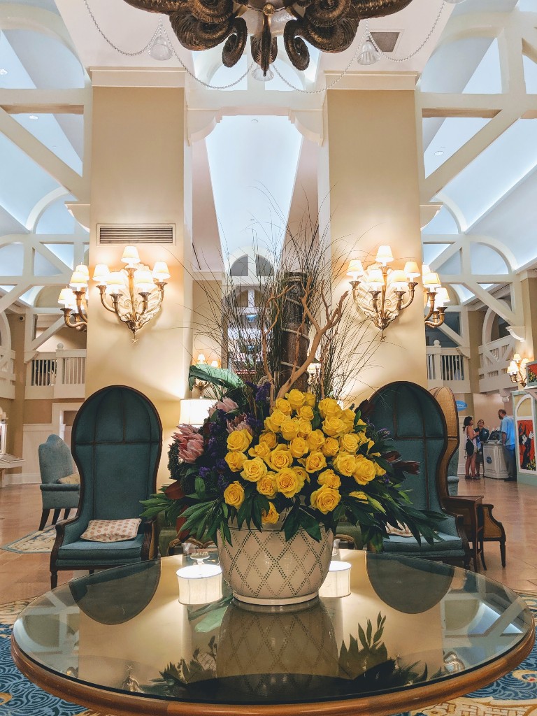 Bright yellow roses and traditional furniture greet guests to the upscale Beach Club Resort