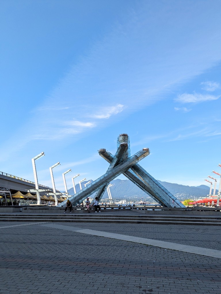Four large structures lean together forming the Olympic Cauldron which was unveiled during the Vancouver winter Olympics