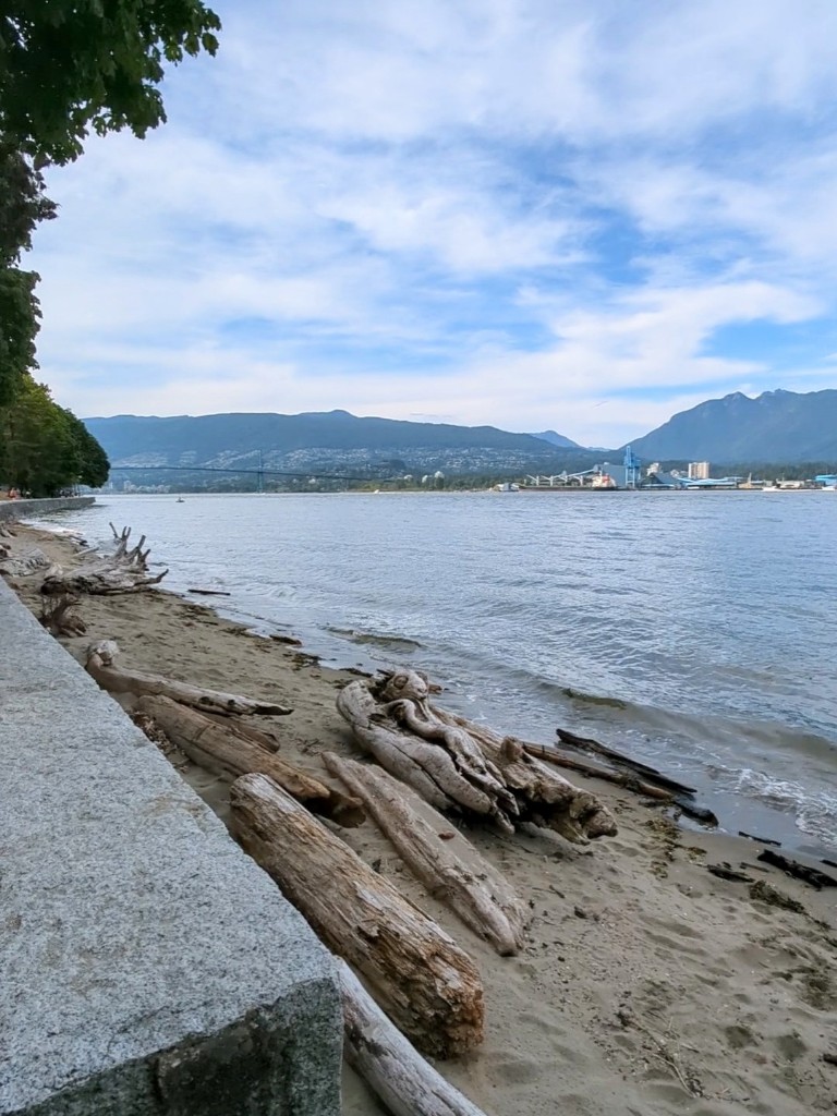 Mountains in the background and water lapping along a small shoreline on part of the Vancouver Seawall at Stanley Park